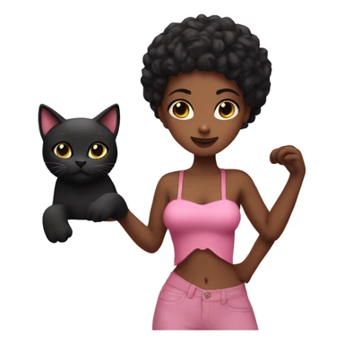 A Lantia girl wearing a pink tube top and she is holding a black cat sticker
