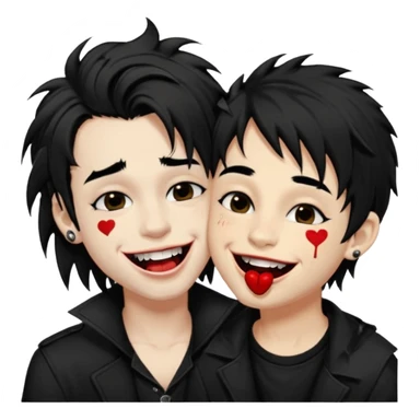 Laughing pale Goth boy with a bunch of face piercings, with shaggy dark brown hair, and messy black eyeliner , smudged, red, lipstick , kissing tan boy with long black hair  sticker