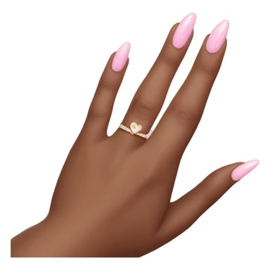brown hand with light pink french tip nails with heart on ring finger and pear shaped diamond ring on ring finger, left hand sticker