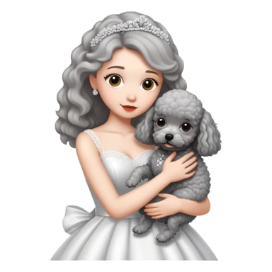 beautiful girl in a wedding dress hugging a small gray poodle sticker