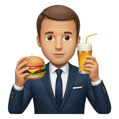 Emmanuel Macron eating a burger with a beer sticker