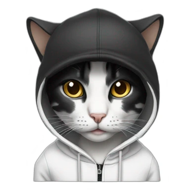 cat wearing a black ball cap and a white hoodie with the hood up sticker