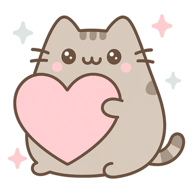 Add sparkles around Pusheen and the big heart, keep pastel pinks and blues, super adorable, kawaii style, with no background sticker