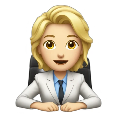 Blonde white woman wearing a suit sitting on the table telling the news towards the camera sticker
