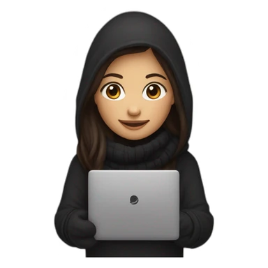 Female with middle dark brown long straight hair wearing black hoodie and black woolly scarf holding a closed laptop and a coffee mug on her hands and smiling with both her eyes and mouth sticker