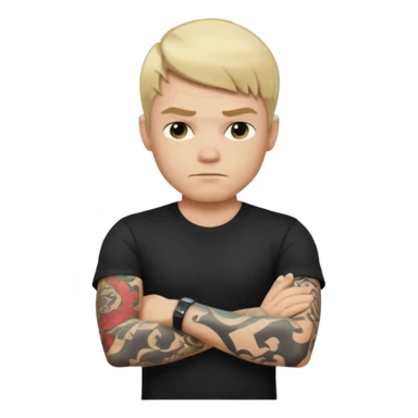 male memoji, blonde man with tattoos on arms, black t-shirt, arms crossed, intense stare, edgy rebel vibe sticker