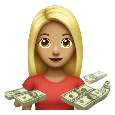 a girl with fresh hair and a red T-shirt holding the money sticker