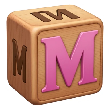 A rounded toy block with the pink letter "M" on it sticker