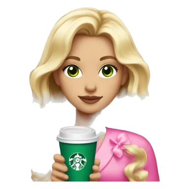 blonde with bright green eyes drinking pink starbucks wearing a pink bow in long wavy blonde hair sticker