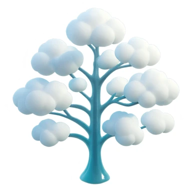 one tree with many branches, each branch covered with small, very bright white, saturated color, fluffy convex clouds, matte glass style, no background sticker