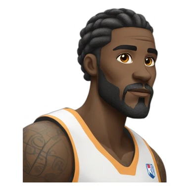 dark skin basketball player with tattoos, beard, short braided hair wearinf black and white jersey sticker