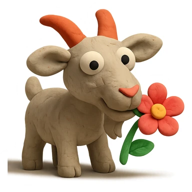 goat chewing on a flower, cute and whimsical, matte finish, claymation style sticker
