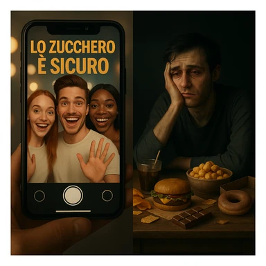 Symbolic split-screen scene: on the social influencer side, cheerful and energetic people say sugar is safe, vivid lights, Italian text 'LO ZUCCHERO È SICURO'; opposite side, a real person with signs of inflammation and fatigue surrounded by junk food, dark environment. Contrast between misinformation and reality, 4K quality. sticker