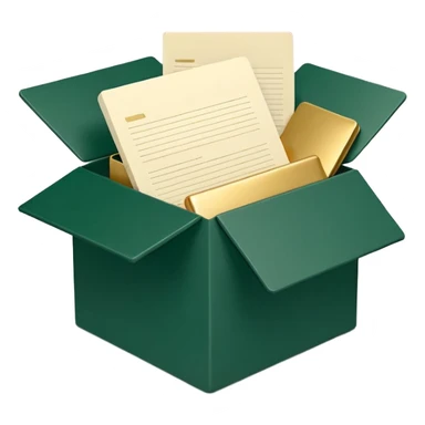 3D minimal open box with papers and documents floating out, matte finish, deep green (#0B3D2C) box, cream (#F5F5DC) papers, gold (#C9B037) subtle glow, Apple style, clean and premium, soft shadow, transparent background sticker