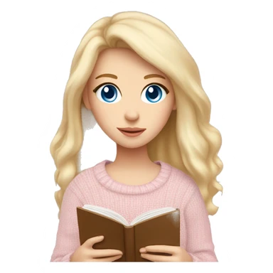 Pretty blue eyed white girl with light pink sweater reading cozy sticker