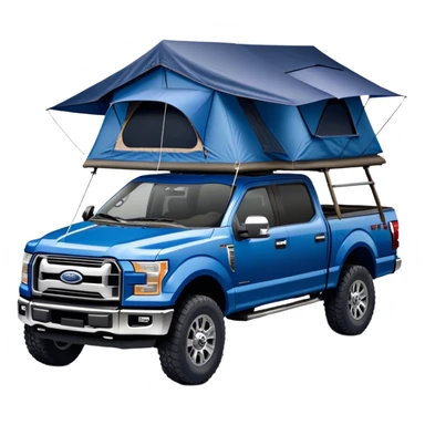 A blue Ford pickup truck with a dark blue roof tent on top sticker