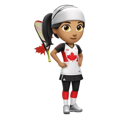 female squash player with black ponytail wearing team canada uniform sticker