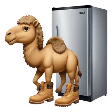 A stainless steel refrigerator with a camel head emerging from the freezer door and camel legs with tan Timberland work boots at the bottom sticker