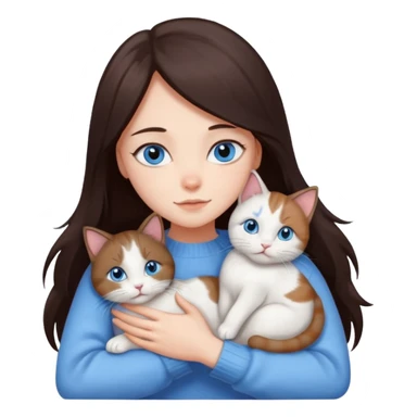 a girl with long dark 
brown hair, with blue eyes, in a
white sweater, hugs 3 different natural coloured cats sticker