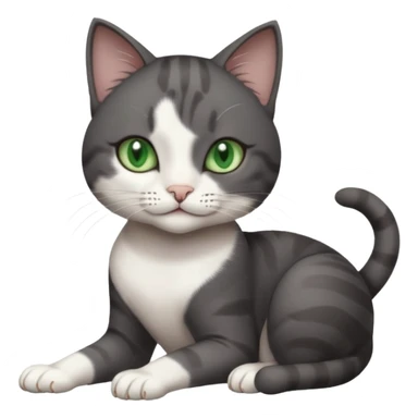 beautiful female solid dark grey cat with green eyes, white toes/paws and white patch on her chest rolling over sticker