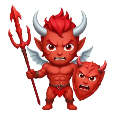 Emoji-style devil: red skin, horns, muscular body, red trident, angry face, same cute emoji style as the angel. sticker