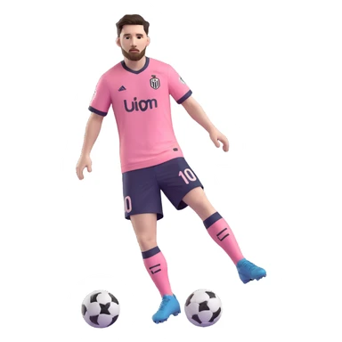 Lionel Messi wearing a pink Inter Miami soccer jersey, full body, dynamic pose, detailed facial features, soccer ball at his feet sticker
