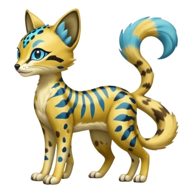 Colorful Golden Gold Shiny Meloetta-Sergal-Vernid-Serval-Civet-Genet-Pokémon-Digimon-Fakémon-fusion-hybrid-creature with Cyan stripes and blue leopard-spot-markings  sticker