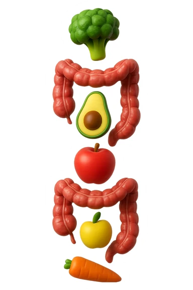 emoji stile iphone in 3d di cibo sano che fluttua in aria vericalmente insieme a pezzi di colon umano anatomico, iperrealistico 4k sticker