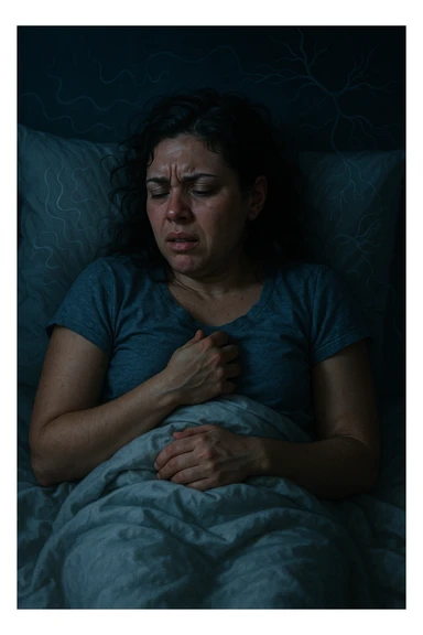 realistic and cinematic vertical illustration of a woman with PCOS in bed, showing sleep disorders and autonomic nervous system imbalance, signs of agitation and discomfort, symbols of nervous system imbalance, nighttime atmosphere, 2:3 aspect ratio, very few writings sticker