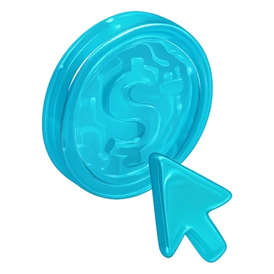 Icon of a coin with a mouse cursor clicking on it, modern and sleek, cyan blue sticker