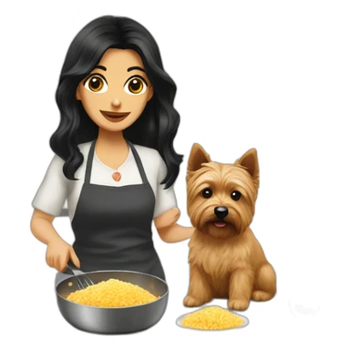 gal black hair cooking risotto with Norwich terrier sticker