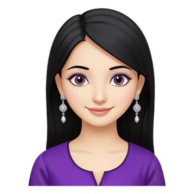 a pretty bratz girl with straight black hair, wearing a purple kurti, silver jhumkas, eyeliner, carrying momos sticker