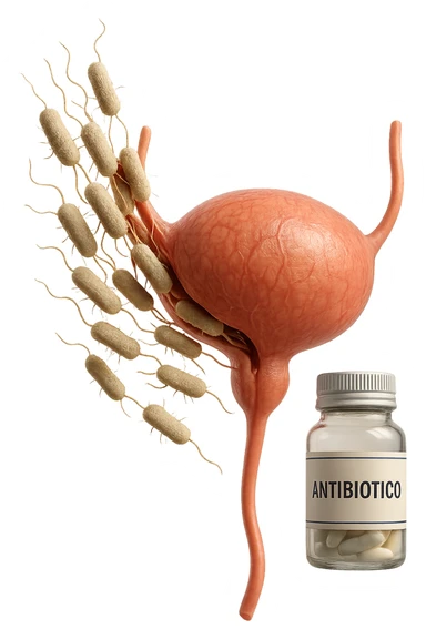 batteri intestinali che migrano ed entrano in una vescica anatomica realistica per infettarla, davanti a lei fluttua una boccetta con la scritta "ANTIBIOTICO", iperrealistico 4k sticker