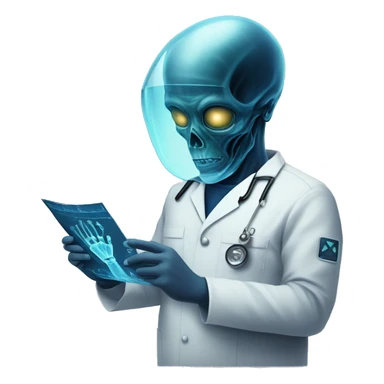 Man in navy scrubs looking at an alien X-ray  sticker