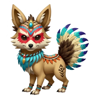 Furry cute colorful exotic tribal feral anime-styled Fakémon-Pokémon-animal-creature with a wolf-skull-head-mask-face, and colorful feathers around neck, with long furry ears, long furry tail, 4 legs, (full body), with intricate pattern-markings sticker
