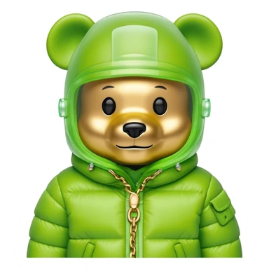 bearbrick with lime green balaclava that has built-in panoramic visor lens directly in eye area, single continuous shield integrated into the mask, not separate glasses, puffy jacket with fur, gold chains sticker