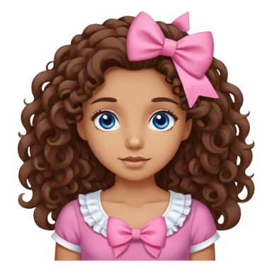 A girl with brown long curly hair, dark blue eyes and with a pink top with a white bow sticker