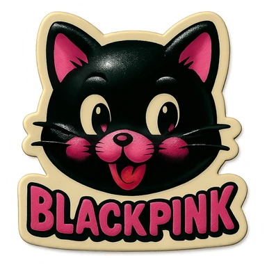BLACKPINK K-pop retro sticker, black and pink cat face, cute, expressive, vintage sticker style sticker