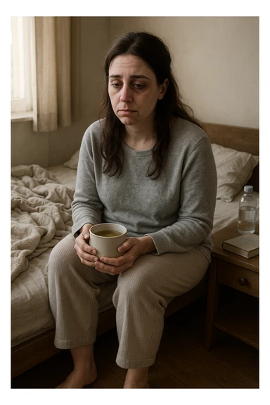 A realistic, cinematic illustration of a woman in her early 30s with a tired, pale appearance, sitting on the edge of her bed in a softly lit bedroom during the morning, looking exhausted and drained. Her posture is slightly slouched, and dark circles are visible under her eyes. She wears comfortable loungewear, holding a warm cup of herbal tea in her hands, seeking comfort. The scene includes a cozy yet slightly messy room with a blanket, a water bottle, and a book on the nightstand, emphasizing chronic fatigue. Soft natural light comes through the window, highlighting her expression of persistent tiredness despite rest, capturing the invisible struggle of chronic fatigue syndrome while maintaining dignity and a gentle aesthetic. sticker