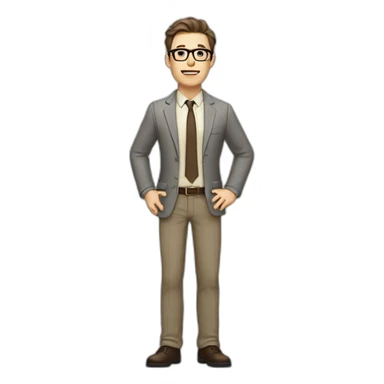 Full height Gesticulating Pale skinned fit man with dark brown hair in gray jacket, beige office shirt, brown tie, brown pants and vintage glasses. sticker