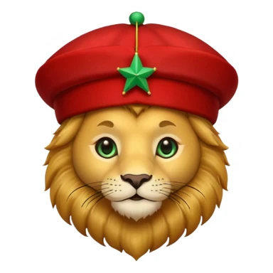 Cute lion face emoji with golden fur, big round eyes, and a friendly expression. Wearing a red Moroccan fez hat with a green star on the front and a small black tassel on the side sticker