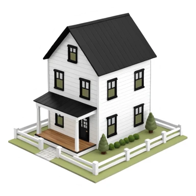 modern farmhouse dollhouse, white with black trim and wooden accents, 3d isometric  sticker