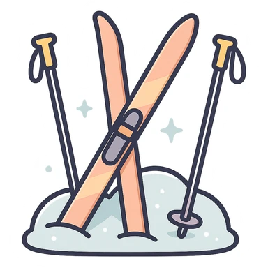 cross-country skis and poles on the sides, stuck at an angle into a snowdrift, with subtle snow sparkle effects, detailed shading, thin clean outlines, soft rounded features, pastel palette #98B5BC #B5B3C1 #C9A3C9 #E4C0CA #F7DCD1 #F7C0AA, Japanese pop art, sticker look, highly detailed, vector clarity, soft lighting, subtle shadows, transparent background sticker