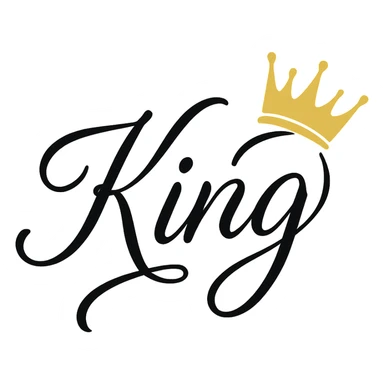 KING in Brittani font, highly cursive and ornate, stylish script, with a tilted gold crown on the G, no background sticker
