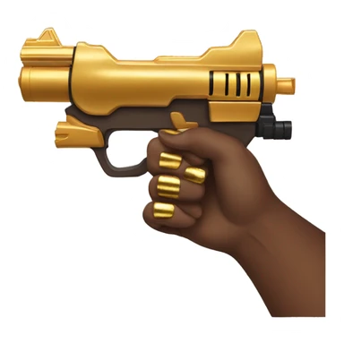 brown hand with gold nails holding large scary gold nerf gun sticker