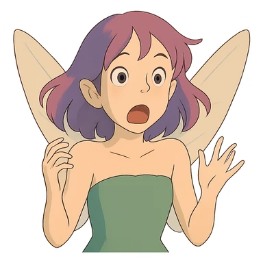 ghibli style white girl with purple and pink hair, shocked fairy expression sticker