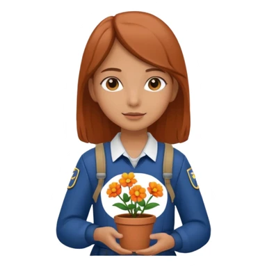 young girl wearing packpack, wearing uniform, holding a flower pot sticker