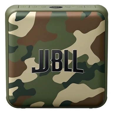 Ultra minimal JBL Go 4 bluetooth speaker with green and brown camouflage pattern, sleek design, simplified controls sticker