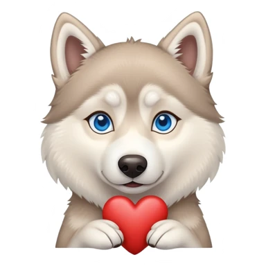 Beige husky with blue eyes holding a brown heart sticker