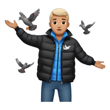puffer shiny black jacket man open arms looking at a flying pigeon sticker